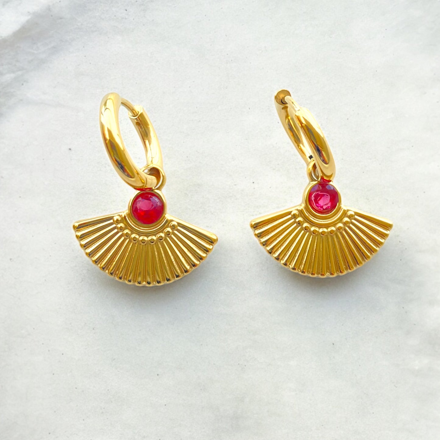Gold Art Deco Style Zircon Fan Drop Hoop Earrings