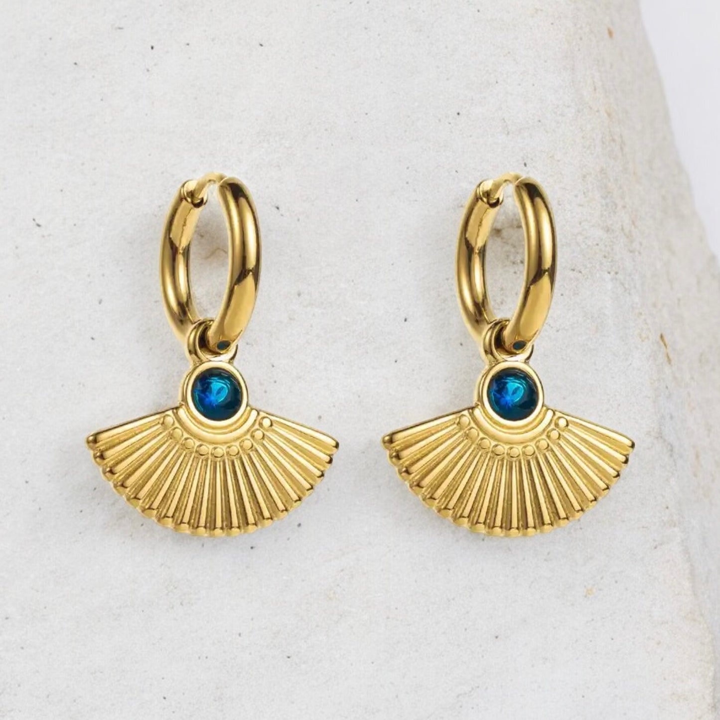 Gold Art Deco Style Zircon Fan Drop Hoop Earrings