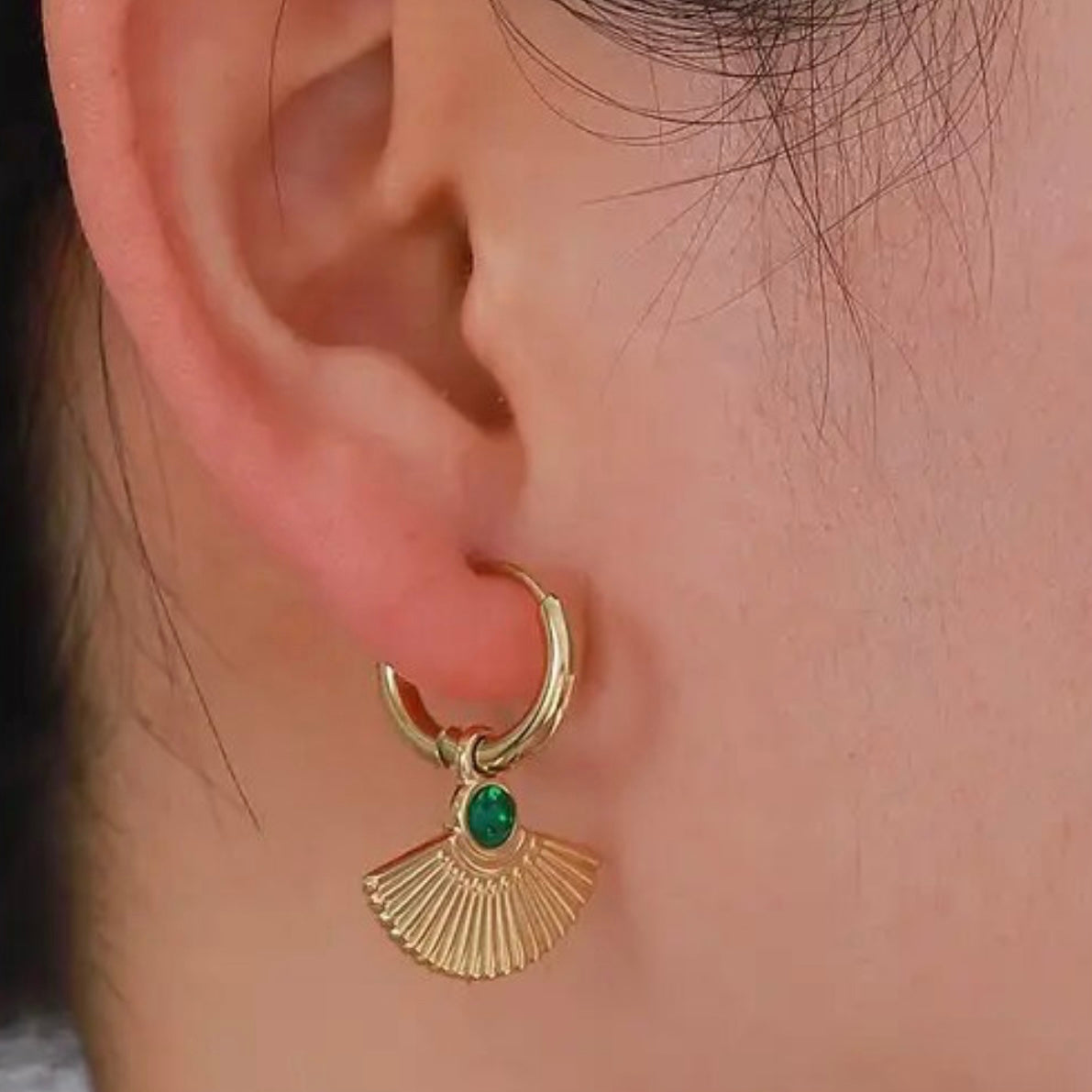 Gold Art Deco Style Zircon Fan Drop Hoop Earrings