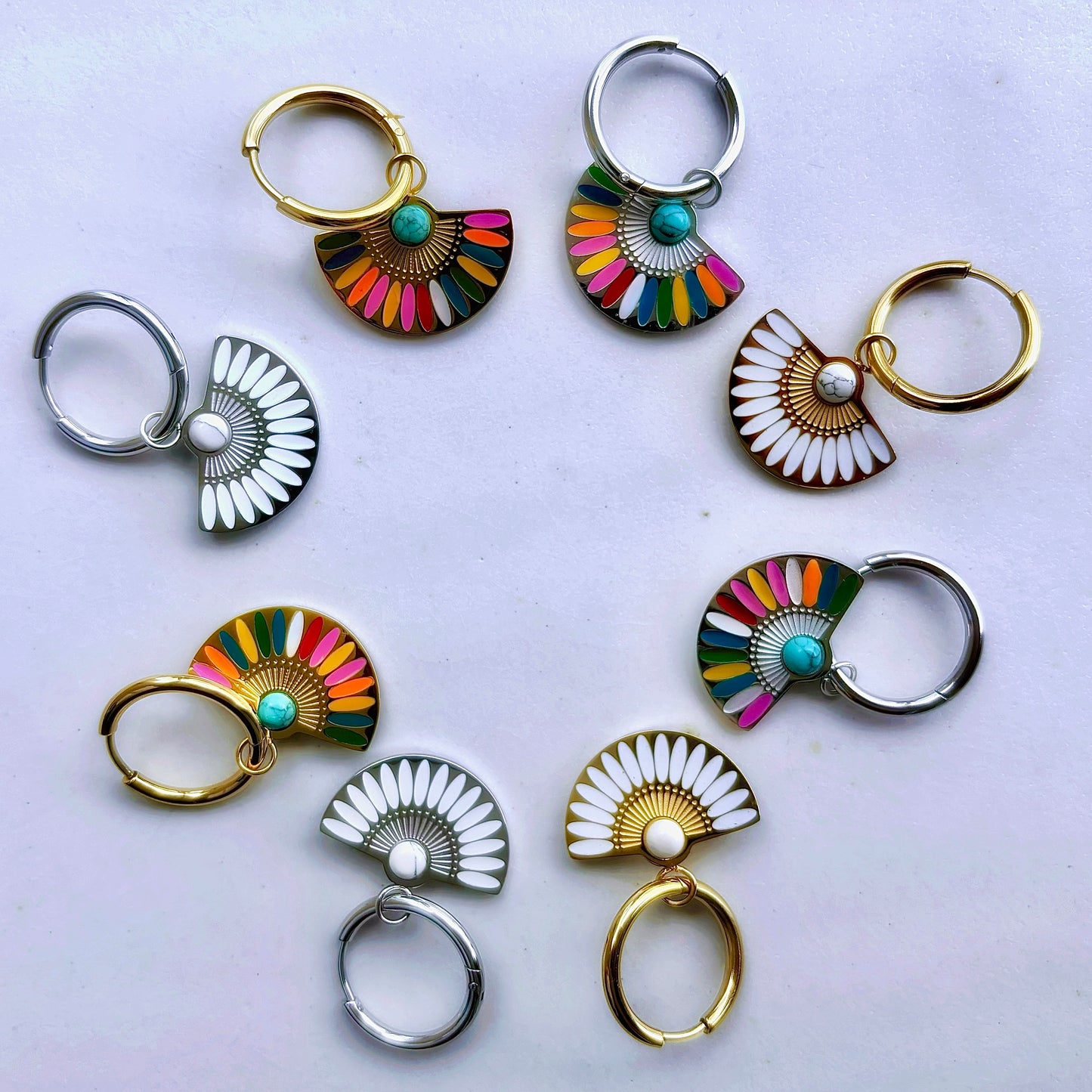 Enamel Fan-Shaped Hoop Earrings