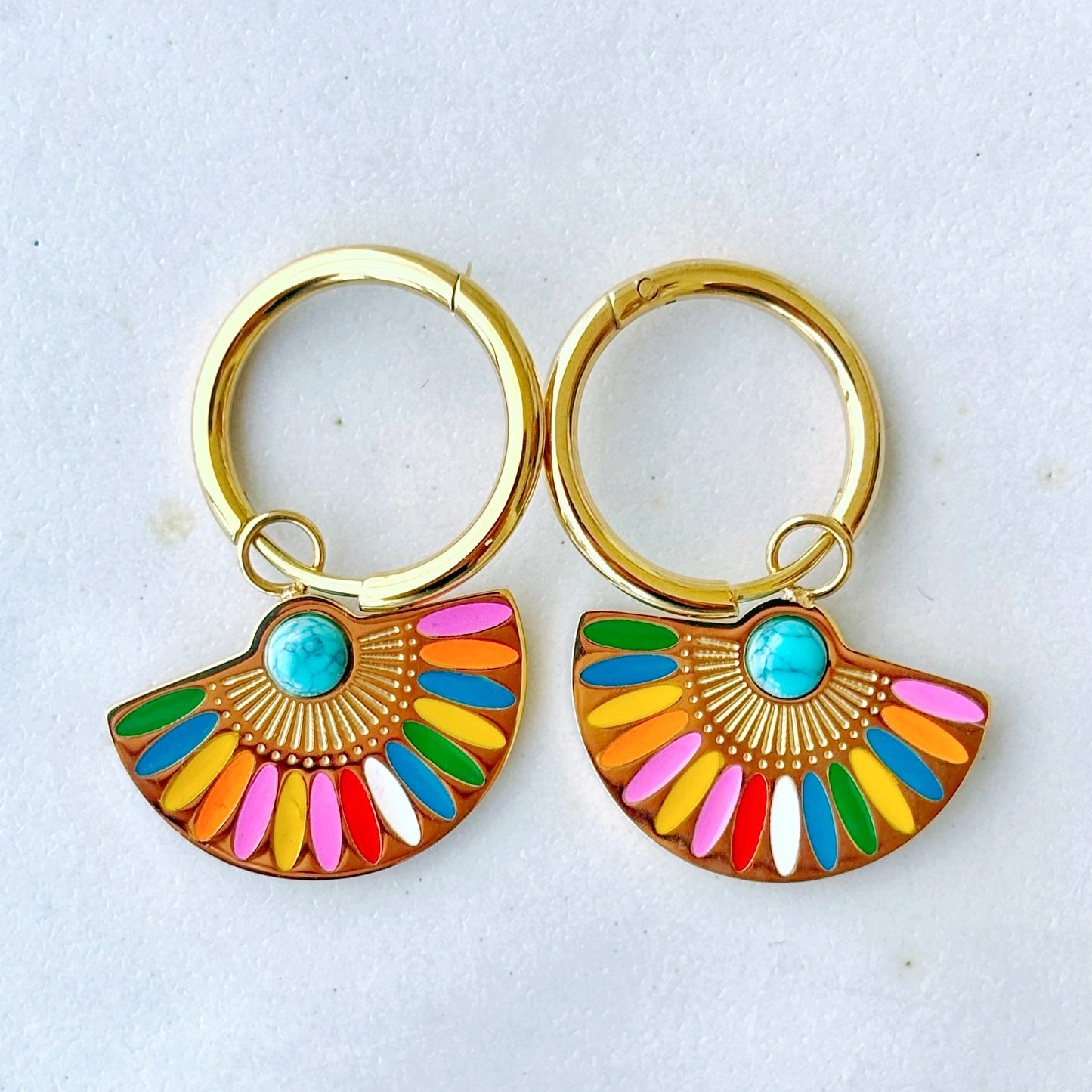 Enamel Fan-Shaped Hoop Earrings