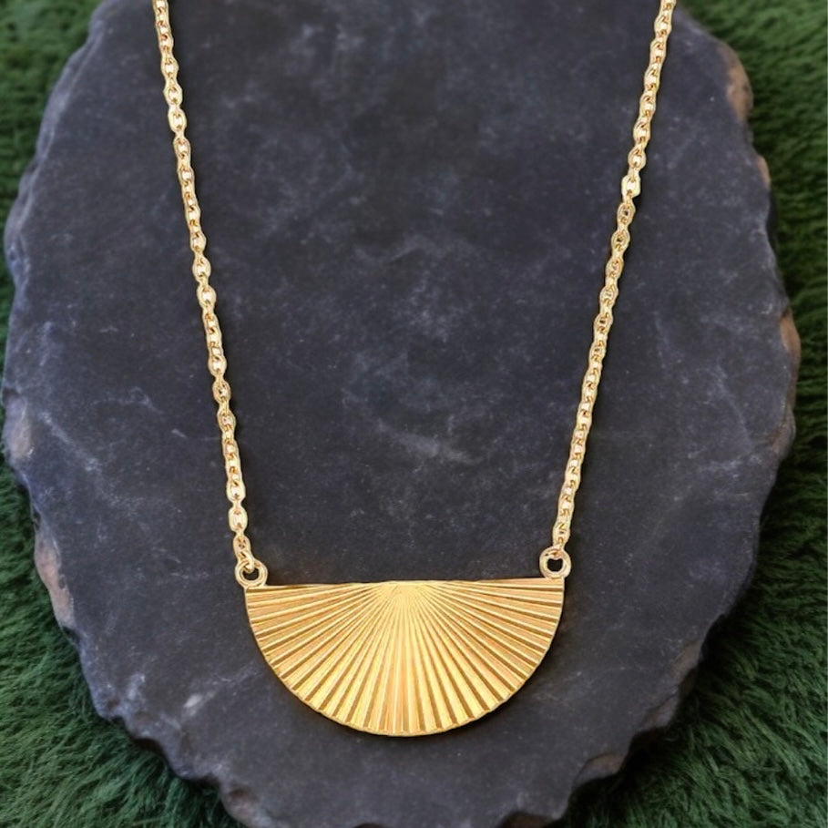 Sunburst High Polish Geometric Half Moon Necklace