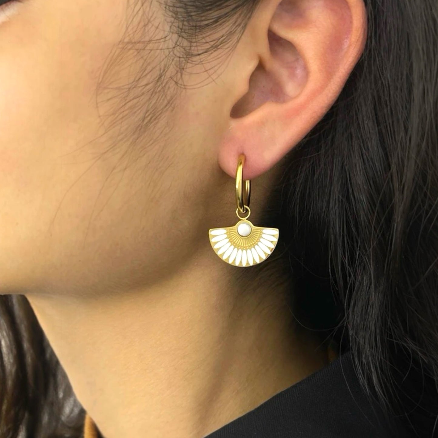 Enamel Fan-Shaped Hoop Earrings
