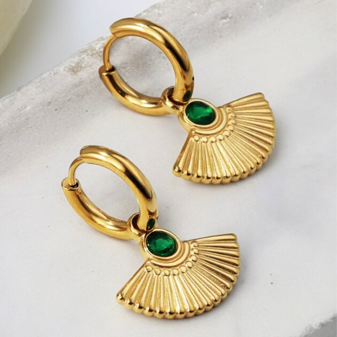 Gold Art Deco Style Zircon Fan Drop Hoop Earrings